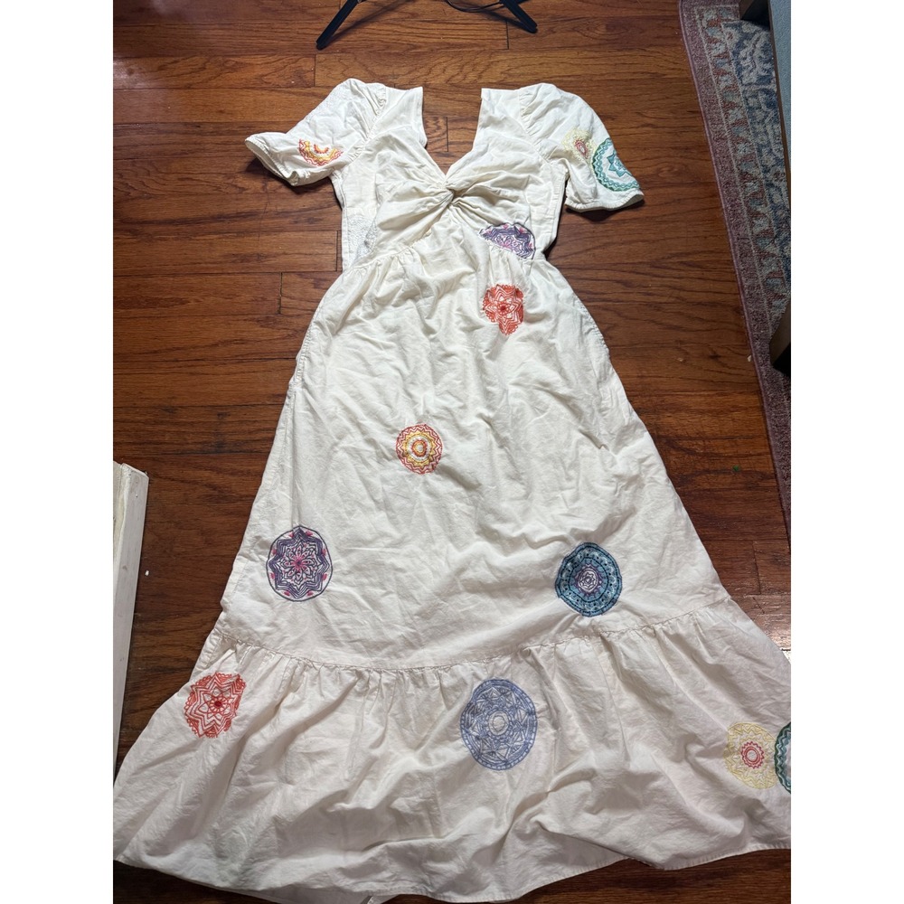 Ciebon Womens Cotton Embroidered Mandala‎ Twist Front Midi Dress Cream Size M